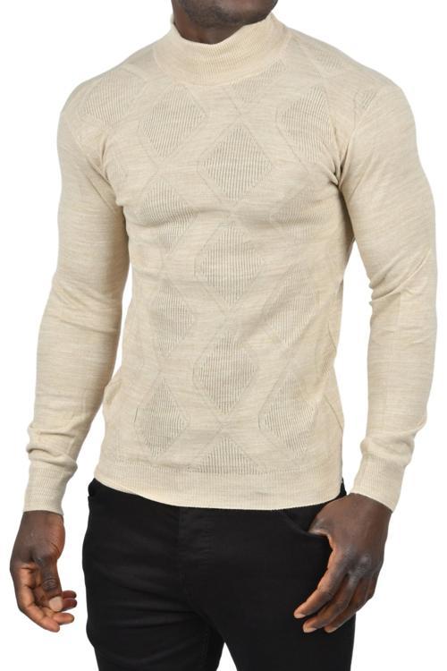 Erkek Bej Baklava Desenli Slim Fit Yarım Balıkçı Yaka Triko Boğazlı Kazak 2505511
