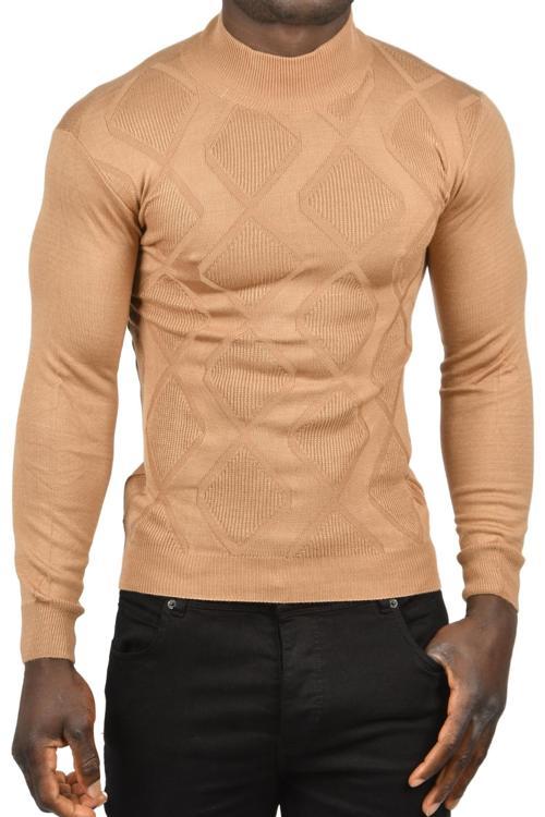 Erkek Camel Baklava Desenli Slim Fit Yarım Balıkçı Yaka Triko Boğazlı Kazak 2505511