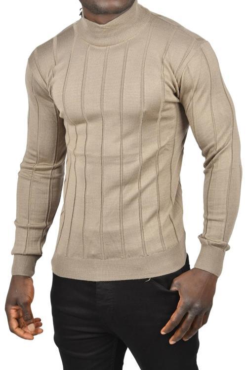 Erkek Vizon Slim Fit Likralı Tüylenme Yapmayan Yarım Balıkçı Çizgili Triko Yarım Boğazlı Kazak 2505503