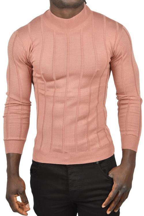 Erkek Gülkurusu Slim Fit Likralı Tüylenme Yapmayan Yarım Balıkçı Çizgili Triko Yarım Boğazlı Kazak 2505503