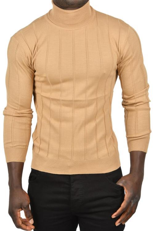 Erkek Camel Slim Fit Likralı Tam Balıkçı Yaka Çizgili Boğazlı Kazak 2505504