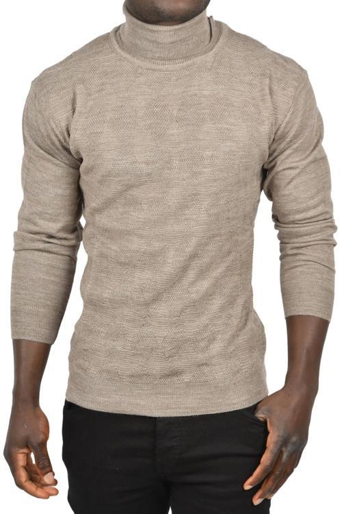 Erkek Vizon Slim Fit Baklava Desenli Tam Balıkçı Yaka Boğazlı Triko Balıkçı Yaka Kazak 2505507