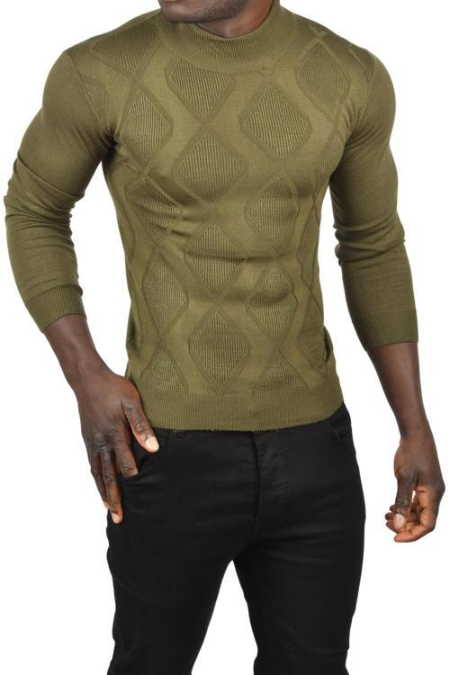 Erkek Haki Baklava Desenli Slim Fit Yarım Balıkçı Yaka Triko Boğazlı Kazak 2505511
