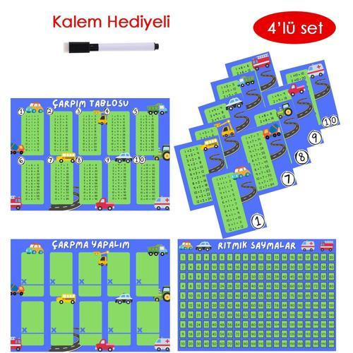 4'lü Çarpım Tablosu Seti - Kalem Hediyeli (Araba Temalı)