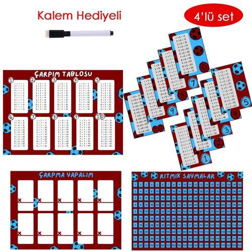 4'lü Çarpım Tablosu Seti - Kalem Hediyeli (Taraftar Bordo Lacivert)