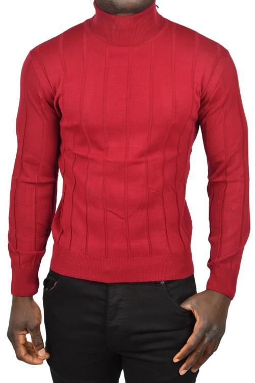 Erkek Bordo Slim Fit Likralı Tam Balıkçı Yaka Çizgili Boğazlı Kazak 2505504