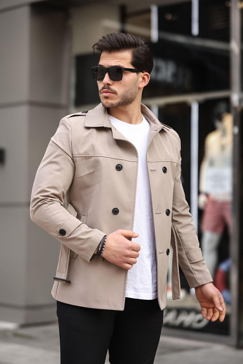 Erkek Krem Mevsimlik Astarlı Kemerli Kruvaze Trençkot