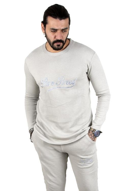 Erkek Gri Önü Nakışlı Bisiklet Yaka Paçası Lastikli Eşofman Takımı 2303034