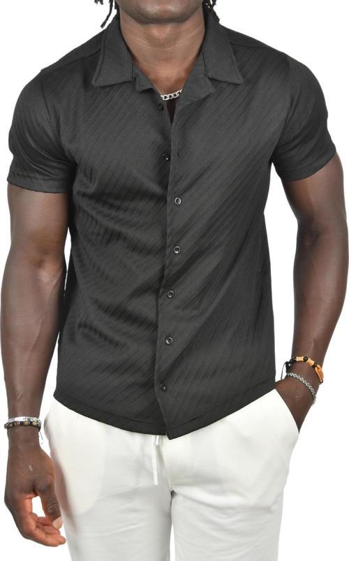 Erkek Siyah Kabartma Çizgi Desenli Slim Fit Kısa Kollu Penye Gömlek 2403221