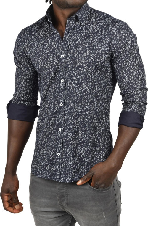 Erkek Lacivert Desenli Slim Fit Likralı Uzun Kollu Gömlek 2404400