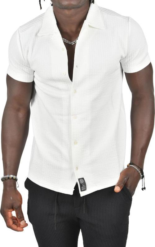 Erkek Beyaz Kabartma Nokta Desenli Slim Fit Likralı Kısa Kollu Penye Gömlek 2403223