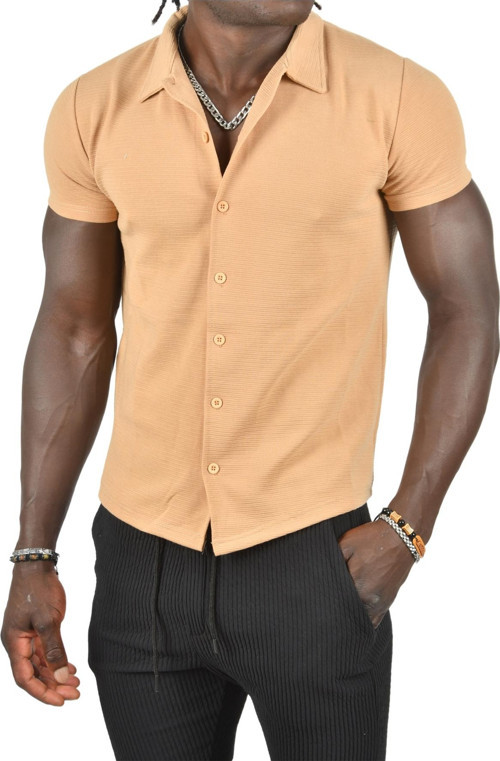 Erkek Kahve Slim Fit Likralı Yatay Çizgi Desenli Kısa Kollu Gömlek 2403241