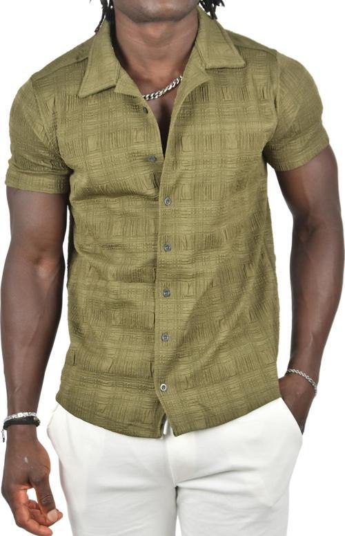 Erkek Haki Kabartma Desenli Slim Fit Likralı Kısa Kollu Penye Gömlek 2403222