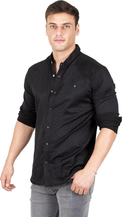 Erkek Siyah Çıt Çıt Düğmeli Örme Kumaş Dar Kesim Likralı Gömlek 2300413