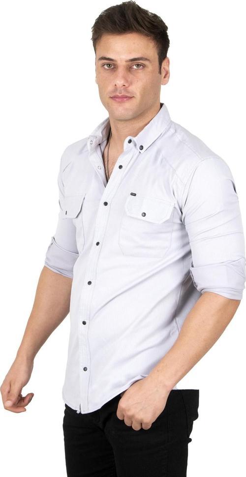 Erkek Gri Likralı İnce Fitilli Çıtçıtlı Çift Cepli Dar Kesim Gabardin Gömlek 2300421