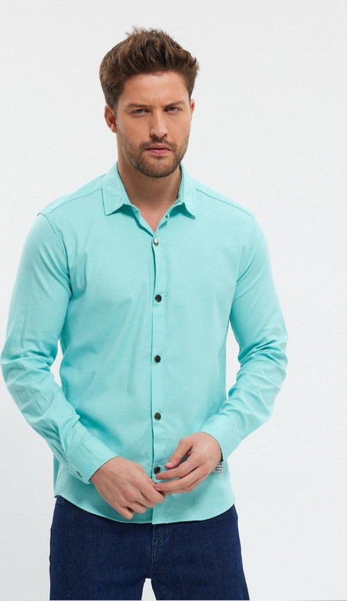 Erkek Turkuaz Slim Fit Likralı Uzun Kollu Çıt çıtlı Düz Gömlek 2403013