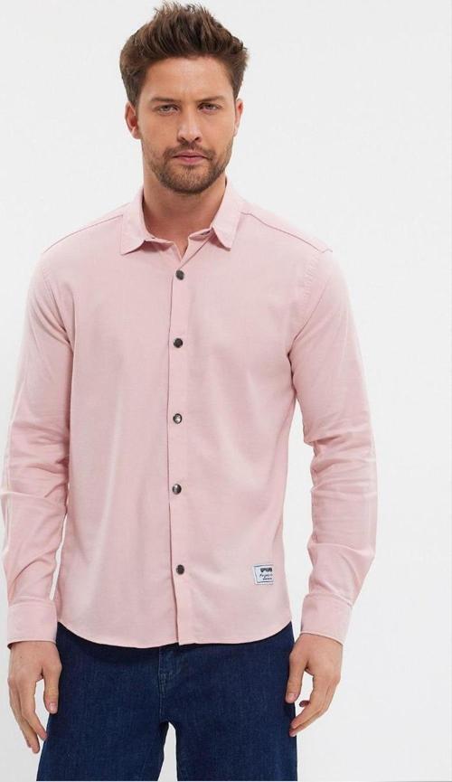 Erkek Pembe Slim Fit Likralı Uzun Kollu Çıt çıtlı Düz Gömlek 2403013