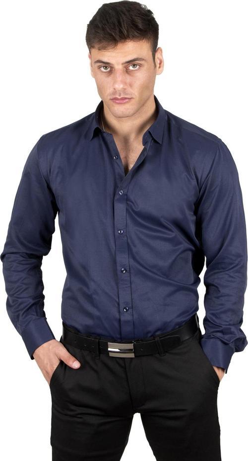 Erkek Lacivert Dar Kesim Uzun Kollu Kol Düğmeli Gömlek 2209615