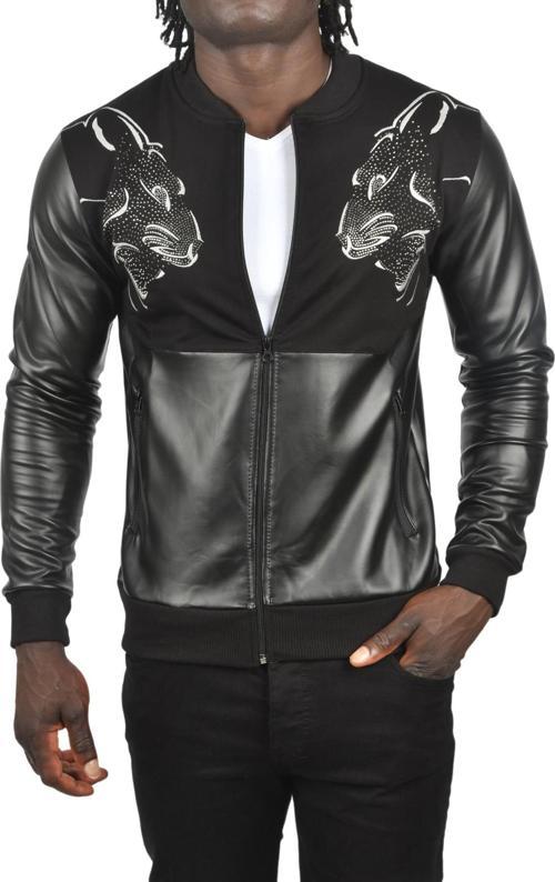 Erkek Siyah Taş İşlemeli Leopar Desenli Suni Deri Ceket Mont Biker Ceket 2500728