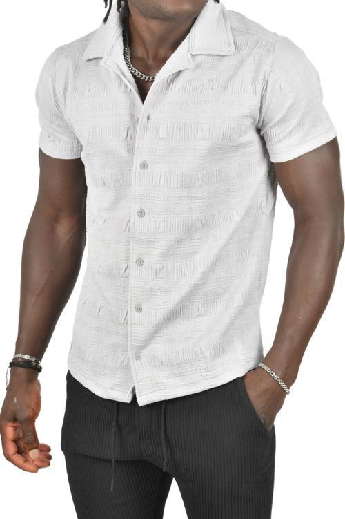 Erkek Gri Kabartma Desenli Slim Fit Likralı Kısa Kollu Penye Gömlek 2403222