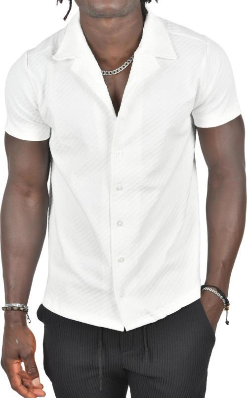 Erkek Beyaz Kabartma Çizgi Desenli Slim Fit Kısa Kollu Penye Gömlek 2403221