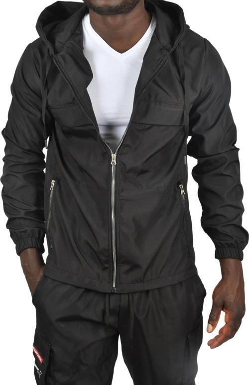 Erkek Siyah Su ve Rüzgar Geçirmez Kapüşonlu Cepleri Fermuarlı Slim Fit Mevsimlik Mont Yağmurluk 2500775