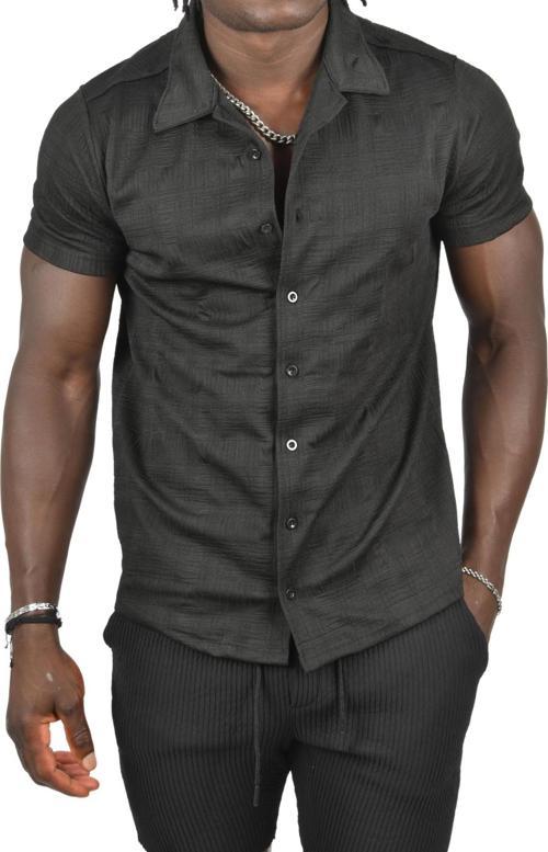 Erkek Siyah Kabartma Desenli Slim Fit Likralı Kısa Kollu Penye Gömlek 2403222