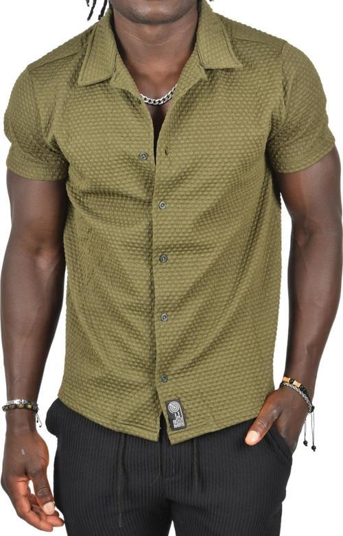 Erkek Haki Kabartma Nokta Desenli Slim Fit Likralı Kısa Kollu Penye Gömlek 2403223