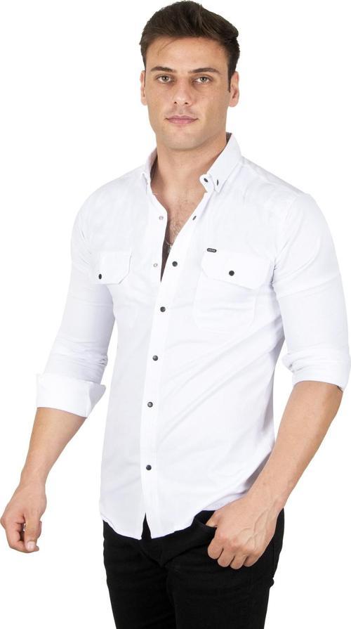 Erkek Beyaz Likralı İnce Fitilli Çıtçıtlı Çift Cepli Dar Kesim Gabardin Gömlek 2300421