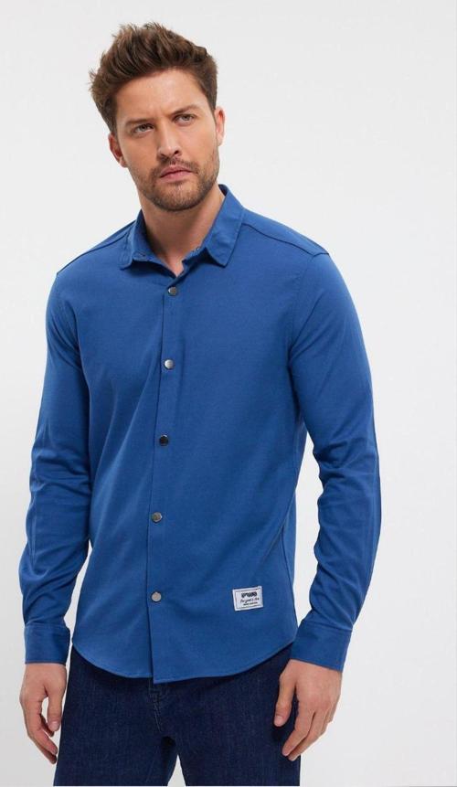 Erkek Lacivert Slim Fit Likralı Uzun Kollu Çıt çıtlı Düz Gömlek 2403013