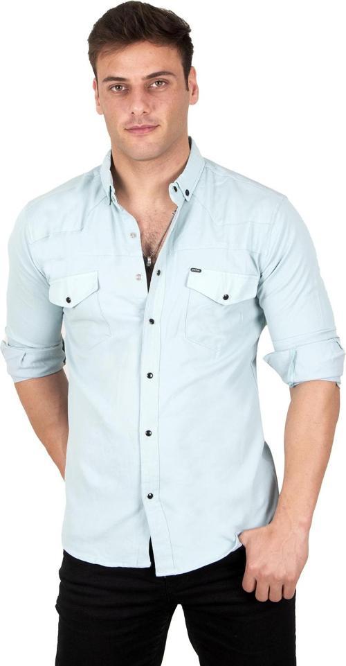 Erkek Mint Yeşili Likralı Çıtçıtlı Çift Cepli Dar Kesim Gabardin Gömlek 2300419