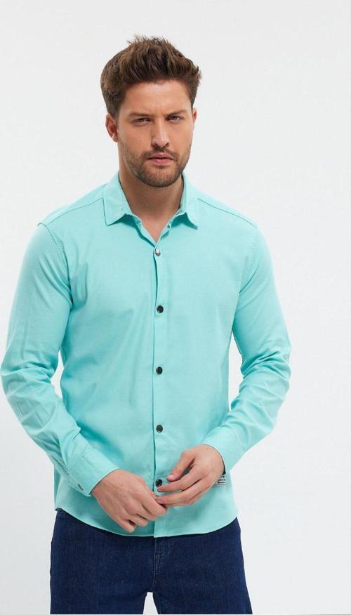 Erkek Turkuaz Slim Fit Likralı Uzun Kollu Çıt çıtlı Düz Gömlek 2403013