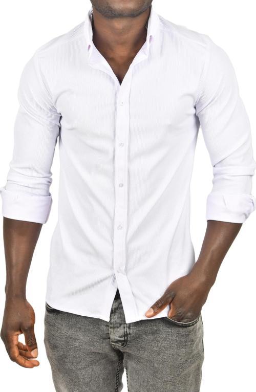Erkek Beyaz Likralı Kumaşı Fitilli Slim Fit Uzun Kollu Gömlek 2500805