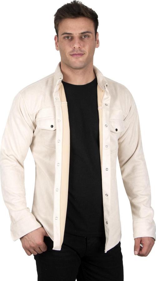 Erkek Krem Kırışmayan Süet Kumaş ÇıtÇıtlı Cepli Slim Fit Mevsimlik Gömlek 2302329