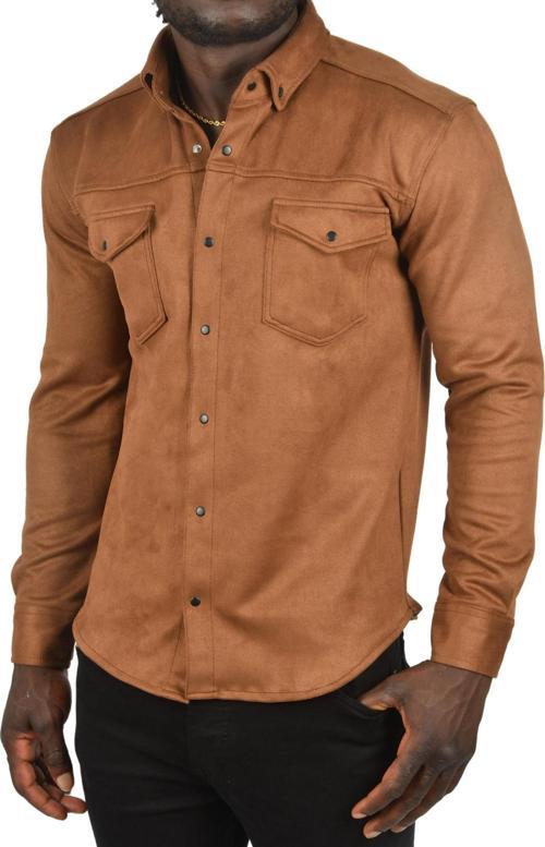 Erkek Kahve Kırışmayan Süet Kumaş ÇıtÇıtlı Cepli Slim Fit Mevsimlik Gömlek 2302329