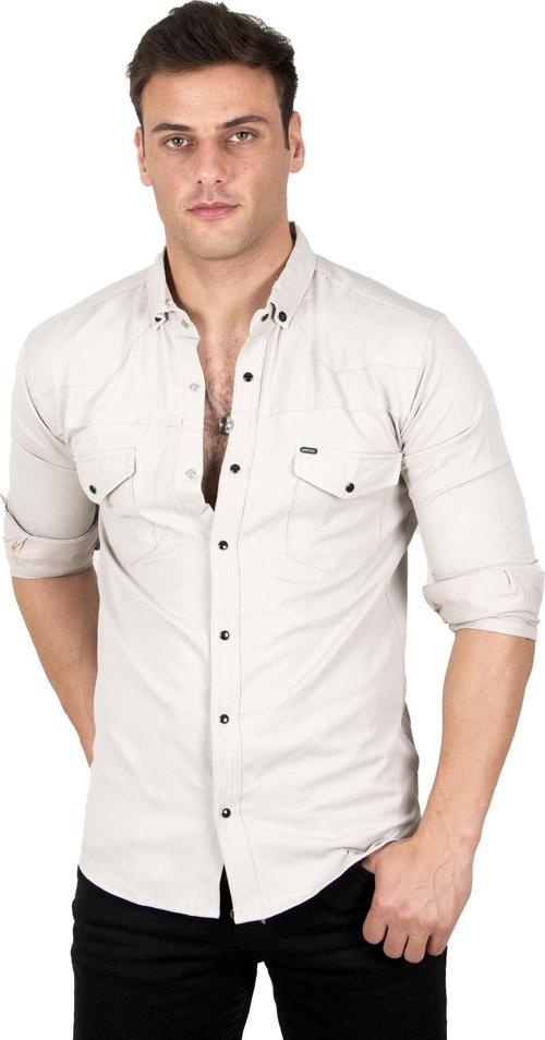 Erkek Bej Likralı Çıtçıtlı Çift Cepli Dar Kesim Gabardin Gömlek 2300419