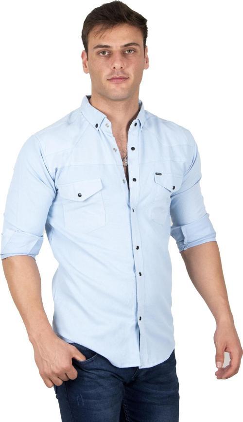 Erkek Buz Mavisi Likralı Çıtçıtlı Çift Cepli Dar Kesim Gabardin Gömlek 2300419