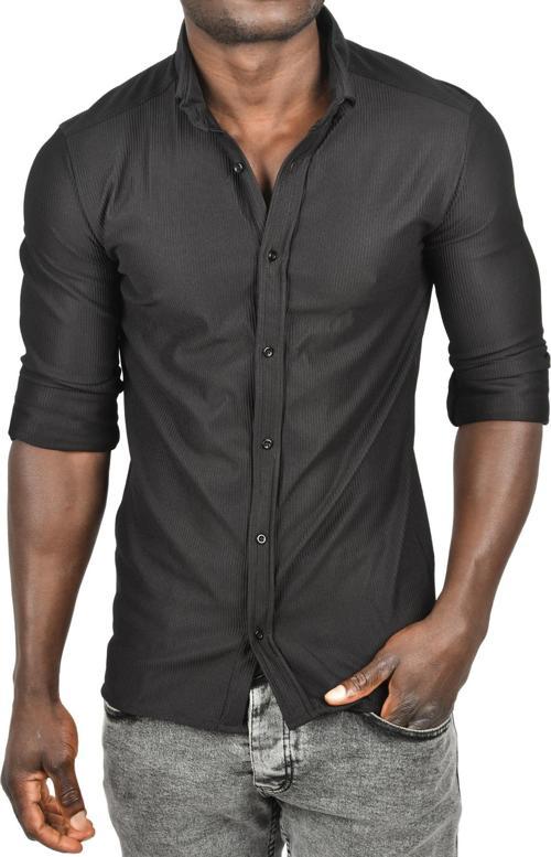 Erkek Siyah Likralı Kumaşı Fitilli Slim Fit Uzun Kollu Gömlek 2500805