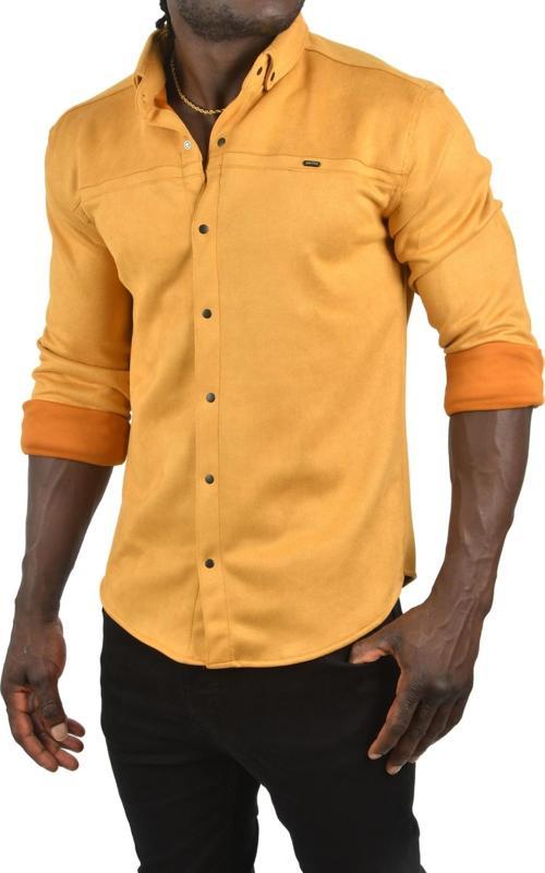 Erkek Hardal Sarısı Likralı Çıtçıtlı Kırışmayan Süet Kumaş Slim Fit Cepsiz Mevsimlik Gömlek 2500556