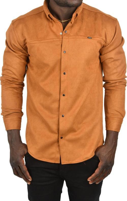 Erkek Taba Likralı Çıtçıtlı Kırışmayan Süet Kumaş Slim Fit Cepsiz Mevsimlik Gömlek 2500556