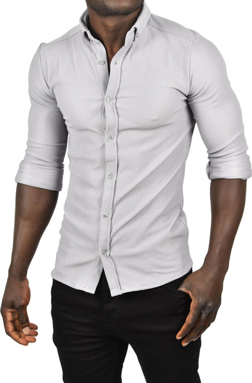 Erkek Gri Likralı Kumaşı Fitilli Slim Fit Uzun Kollu Gömlek 2500805