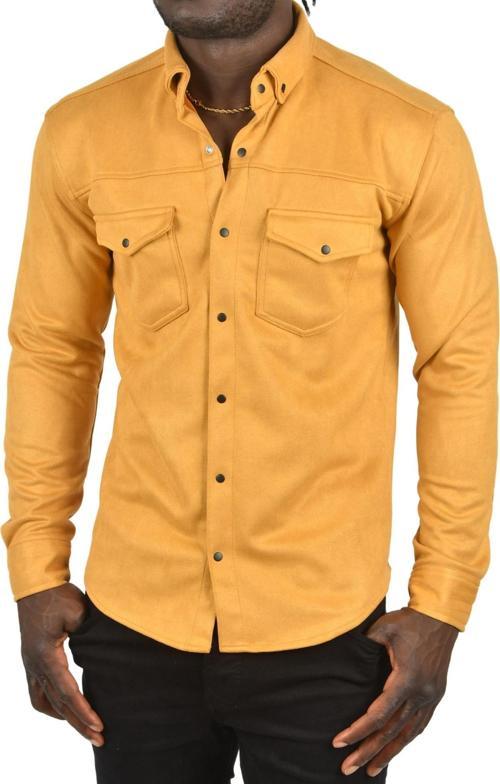 Erkek Hardal Sarısı Kırışmayan Süet Kumaş ÇıtÇıtlı Cepli Slim Fit Mevsimlik Gömlek 2302329