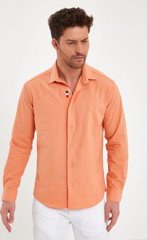 Erkek Turuncu Dar Kesim Uzun Kollu Düğmeli Pamuklu Gömlek 2403012