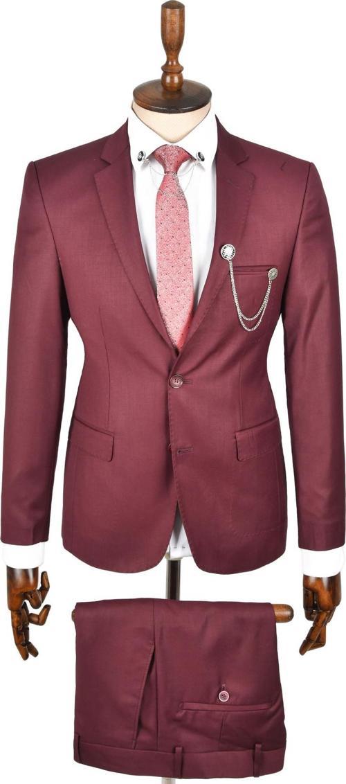 Erkek Mürdüm İki Düğme Çift Yırtmaç Mono Yaka Dar Kesim 2 Li Takım Elbise 2300310