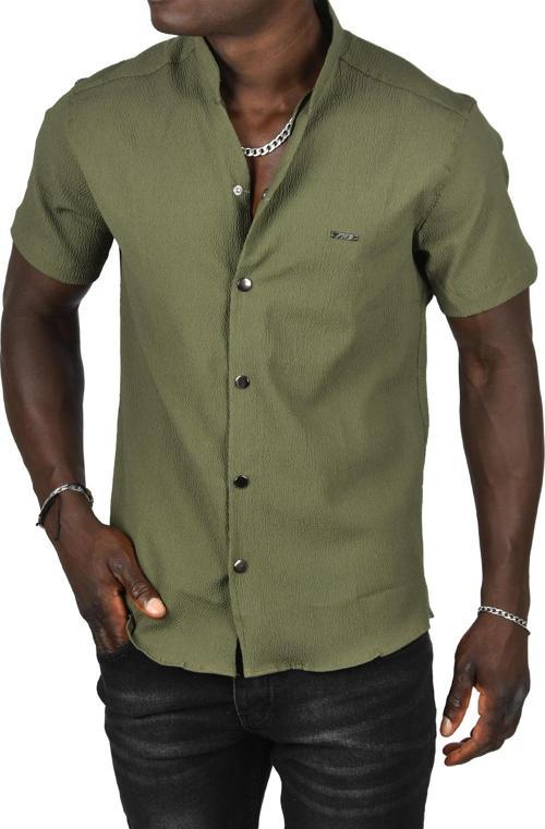 Erkek Haki Gofre Kumaş Hakim Yaka Slim Fit Likralı Çıtçıtlı Kısa Kollu Gömlek 2403018