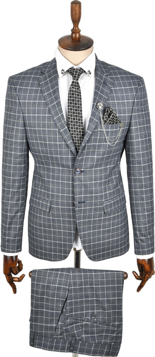 Erkek Gri Çift Düğme Slim Fit 2li Ekose Takım Elbise 2300274