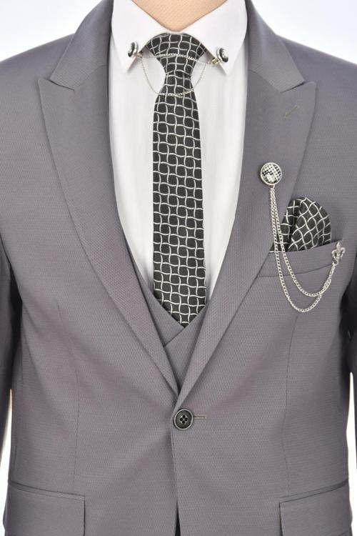 Erkek Gri Slim Fit Tek Düğme 3lü Takım Elbise 2301500
