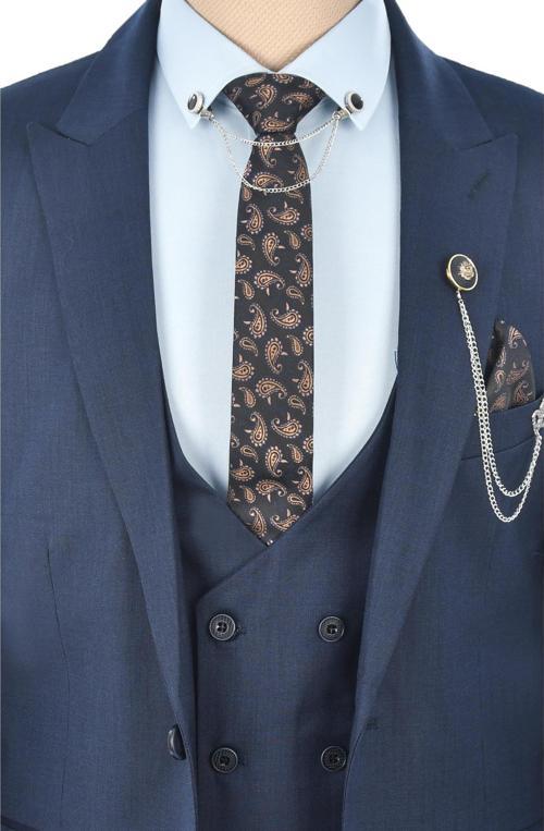 Erkek Lacivert Tek Düğme Çift Yırtmaç Slim Fit 3lü Takım Elbise 2300530