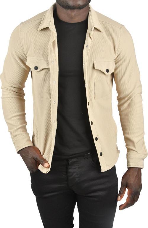 Erkek Bej Örme Kumaş Gömlek Yaka Cepli Çıtçıtlı Slim Fit Spor Ceket 2500558
