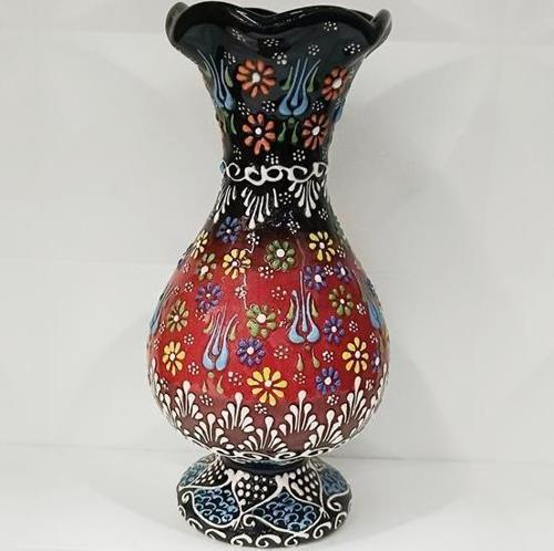 Çini Geleneksel Desenli Seramik Vazo 25 cm Çiçek Biblo Çini Seramik Dekoratif Obje          